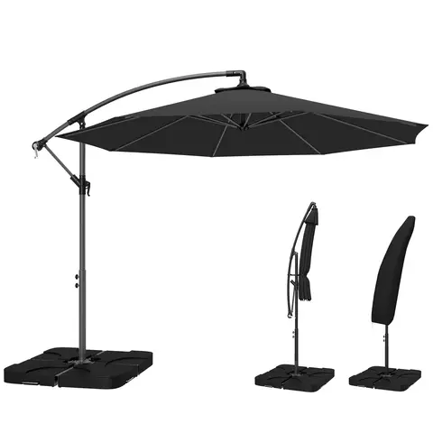Outsunny 3 m Cantilever Parasol with Umbrella Weights, Cross Base, Offset Outdoor Umbrella with Protective Cover, Crank Handle, Black