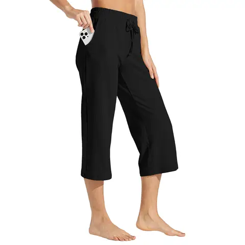 Willit Women's Cotton Yoga Capri Casual Lounge Pants Wide Leg Workout Sweatpants with Pockets 20" Black XL