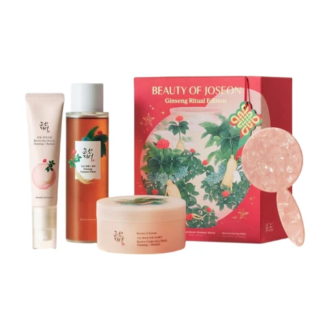 Beauty Of Joseon Limitierte 4-teilige Jahresende-Set (Ginseng-Augenpads 60 Stück + Ginseng-Gesichtswasser 150 ml + Ginseng-Augencreme 30 ml + Kosmetikspiegel)