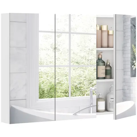 HOMCOM Bathroom Mirror Cabinet Wall Mounted, 3-Door Storage Unit, Modern Bathroom Wall Cabinet with Mirror and 4 Adjustable Shelves, 91.5 x 11.5 x 65 cm, White
