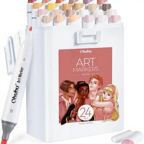 Ohuhu 24 Skin-Tone Colors Alcohol Markers, Brush & Chisel, Sketch Art Marker, Alcohol-Based Brush Markers for Student and Adults' Coloring, Illustration, Mid-Tone Skin Tone and Hair Shades Marker Set