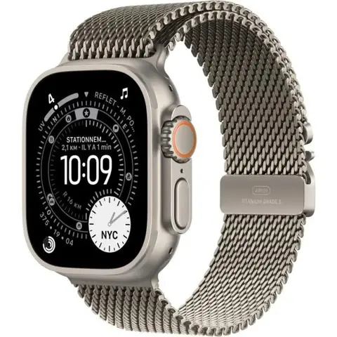 Apple Watch Ultra 3 GPS + Cellular 49 mm, boîtier en titane naturel avec bracelet Milanais en titane naturel - Large 
