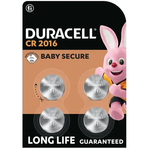 DURACELL CR2016 Piles Boutons au lithium 3V (lot de 4) - Longue durée garantie - Technologie sécurité enfant - Pour clés électroniques, télécommandes, montres fitness - Emballage sécurité enfant