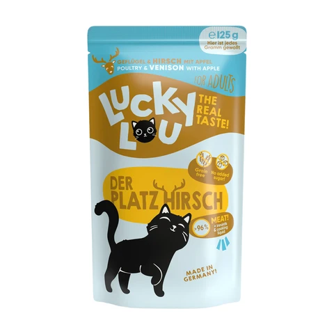 Lucky Lou Lifestage Adult Geflügel & Hirsch Nassfutter für Katzen in Soße, 16 x 125 g Beutel Multipack
