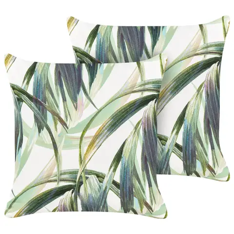Beliani 2er-Set Outdoor-Kissen, Blattmuster, 45 x 45 cm, grün/weiß, CALDERINA