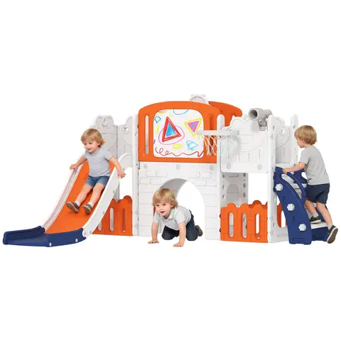 AIYAPLAY 7 in 1 Toddler Slide Set with Basketball Hoop, Outdoor & Indoor Frog Theme Playset with Climbing Frame, Telescope, Drawing Board, Storage Box for Toddlers Ages 1-3, Orange