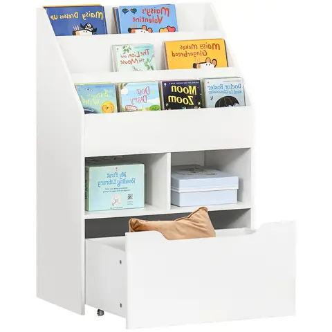 HOMCOM Kids Bookshelf with Storage Drawer, Childrens Bookcase with Wheels, Toy Organiser for Bedroom, Playroom - White