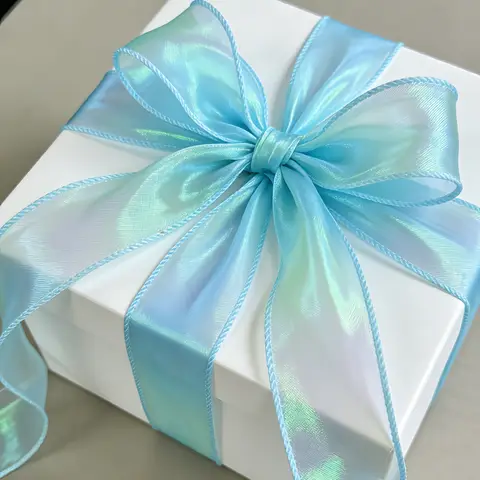 JU7CER 2-piece iridescent fishtail ribbon set [Ice Blue] 4.5cm x 9m bow-tie wave-patterned sheer ribbon Solid-colour silk ribbon floral packaging material