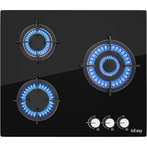 IsEasy 60cm Glas Gaskochfeld, 3 Flammig, 7750W, Thermoelementschutz, Erdgas/Propangas, Einbau, Schwarz Glas, Gusseisen, 220-240V