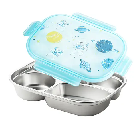 Maxcook 316 Stainless Steel 4‑Compartment Divided Bento Box, Compartment Food Container with Space Astronaut Pattern Lid, Portable Lunch Container for Office Picnic MCWA5499