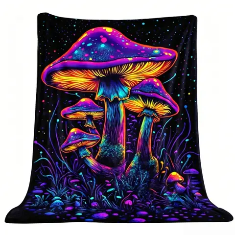 Neon Mushroom Fleece Blanket Bohemian Aztec Geometric Designer Fleece – Premium Artistic Style 40inch×50inch