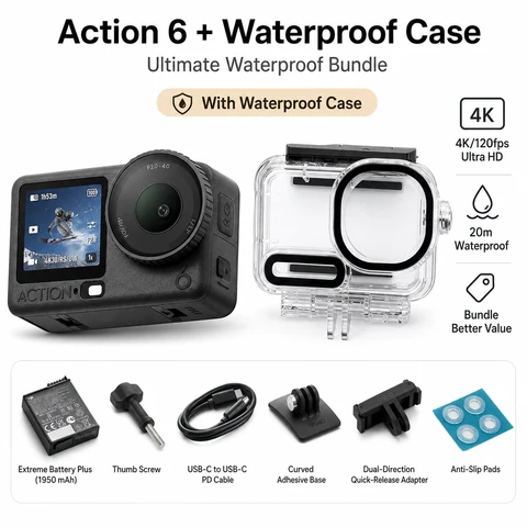 【Zurück-zur-Schule】DJI Osmo Action 6 Standard Combo + Action 6 Wasserdichte Hülle - 8K Wasserdichte Action-Kamera, 4K/120 fps Video, RockSteady 3.0, HorizonSteady, Unterwasser-Kamera-Bundle für Tauchen, Outdoor-Sport, Reisen & Abenteuer