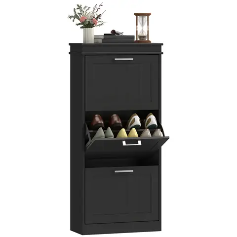 HOMCOM 3 Drawers Entryway Shoe Cabinet, Narrow Shoe Storage Cabinet with 3 Flip Drawers Black