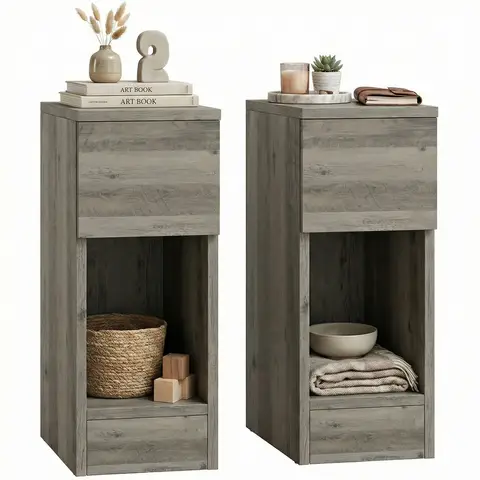 HOMCOM Bedside Tables Set of 2, Modern Side Tables with Drawer and Shelf, Nightstands for Bedroom, Living Room Grey