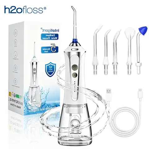 h2ofloss HF-2 Hydropulseur avec 5 modes, 5 canules, recharge USB, indice d'étanchéité IPX7 et réservoir d'eau de 300 ml - Blanc