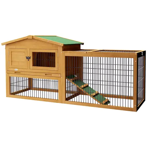 PawHut Rabbit Hutch Outdoor, Wooden Guinea Pig Hutch with Run, Openable Roof, Pull-Out Tray, Ramp for 1-2 Rabbits, 150 x 52.5 x 68 cm, Yellow