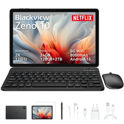 Blackview Zeno 10 Tablet, 11-inch FHD 1920x1200, 5G, Android 15, Gemini AI， Unisoc T8200, 24GB(8+16) RAM + 128GB ROM, 8800mAh,  PC Mode,  Widevine L1,  Face ID,  16MP+13MP, GPS, OTG, Gaming Tablet with Keyboard and Stylus