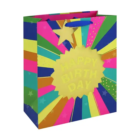 Neon Happy Birthday Gift Bag Large 26.5 (W) x 33 (L) x 14cm (H)
