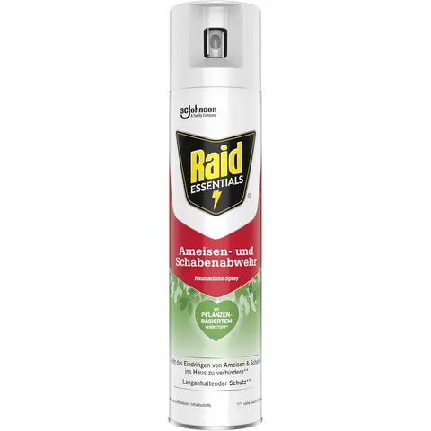 Raid Essentials Ameisen und Schabenabwehr Raumschutz-Spray, wirksamer Schutz im Innenbereich, schnelle Wirkung, für Türöffnungen und Fußleisten, 300 ml Sprayflasche