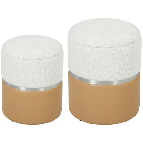 HOMCOM Set of 2 Round Ottoman with Storage, Nesting Storage Ottoman, Chenille & PU Leather Vanity Stool for Makeup Cream and 