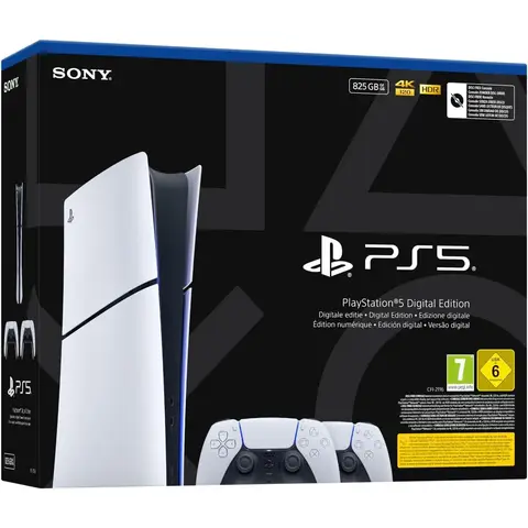 【10 € Rabatt mit Code: GAME】PlayStation 5825GB Slim Digital Edition Konsole + 2 DualSense-Controller Weiß