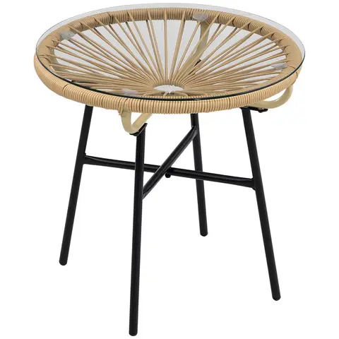Outsunny Rattan Side Table, Round Outdoor Coffee Table, with Round PE Rattan and Tempered Glass Tabletop for Patio, Garden, B
