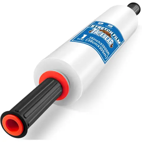 TAPEBEAR Stretch Wrap Film 80 Gauge, 15" x 1000Ft Shrink Wrap Roll with Handles, Stretch Film roll Industrial
Strength Self-Adhering Plastic Wrap for Pallet Wrapping, Furniture Moving,
Luggage packing