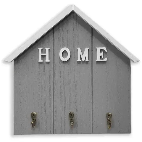 1pc House-Shaped Key Holder, "HOME" Wall Mounted Organizer with 3 Antique Metal Hooks, Entryway Storage Rack for Keys & Mail，Grey