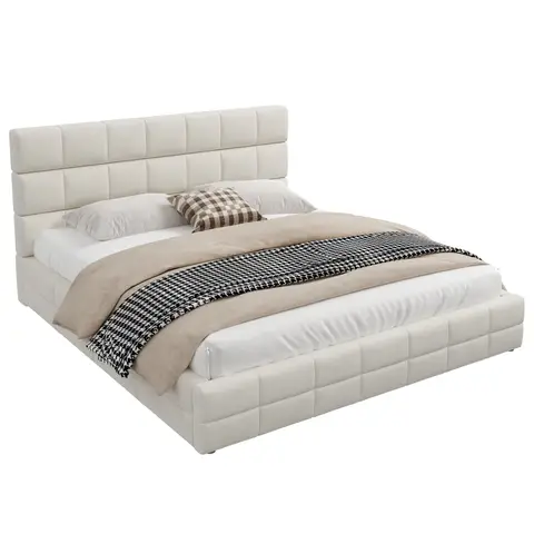 Gestoffeerd platformbed 180x200 cm, met fluwelen hoes, MDF/spaanplaat, Beige/zwart Wit