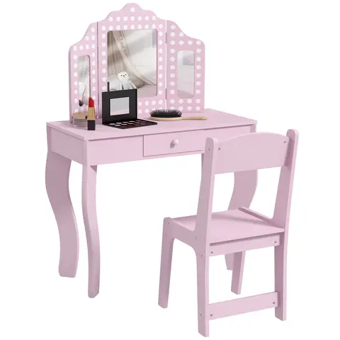 AIYAPLAY Kids Dressing Table with Tri-Fold Mirror and Stool, Kids Vanity Table, Girls Make up Desk with Drawer, for Aged 3-8 Years Old - Pink
