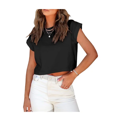 Women's Short Sleeve Cropped T-Shirts Summer Rolled Dolman Sleeve Crop Tops Casual Round Neck Solid Short Basic Tees (Black, M)