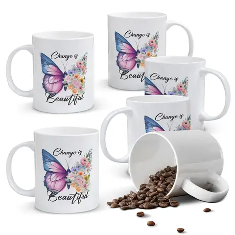 Alphynix 1pc 11oz White Mug with "Change is Beautiful" Quote & Butterfly-to-Flowers Transformation Design, Uplifting Metaphor Christmas or Thanksgiving Gift