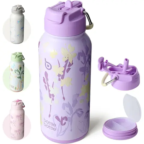 BOTTLE BOTTLE 32oz Insulated Water Bottle Stainless Steel Sport Water Bottle with Straw Dual-use Lid Design for Gym with Pill Box Purple Grown
