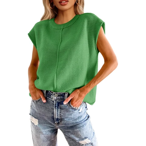 Women's Summer Cap Sleeve Tops Casual Crew Neck Loose fit Knit Lightweight Sweater Pullover Top (green， S)