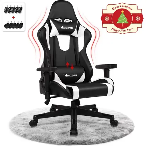 Ergonomischer Gaming‑Stuhl mit verstellbarer Lendenstütze, Kopfstütze und Armlehnen, Wippfunktion, extra dick gepolsterter Sitzfläche, belastbar bis 150 kg, schwarz/weiß