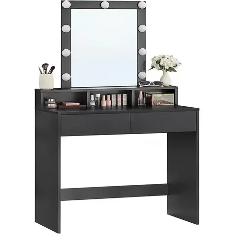 VASAGLE Coiffeuse avec éclairage LED réglable, miroir intégré, 2 tiroirs et 3 compartiments ouverts - Noir moderne