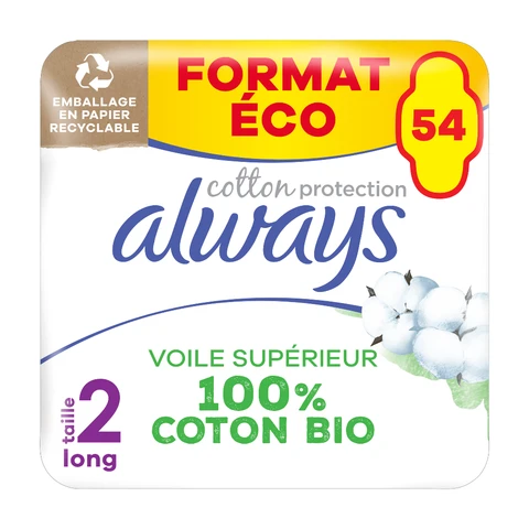 ALWAYS Cotton Protection - Serviettes Hygiéniques Long Plus Format Eco - Lot de 54 serviettes