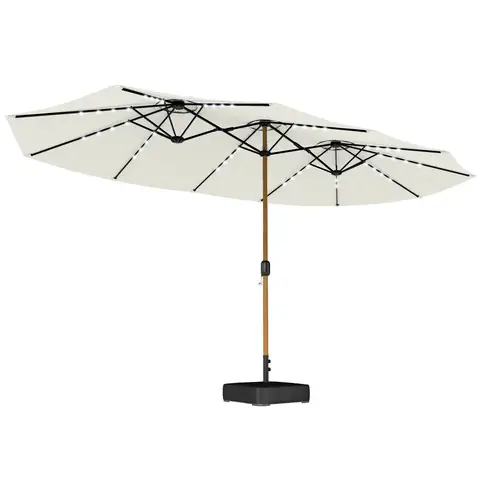 Outsunny 4.6m Garden Parasol Double Sided Umbrella with Base Included, 48 Solar LED Lights Patio Umbrella with Cover, Crank Handle, 12 Ribs, UV Protection, Cream White