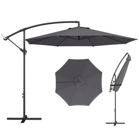 Outsunny 3(m) Garden Banana Parasol Hanging Cantilever Umbrella with Crank Handle, 8 Ribs and Cross Base for Outdoor, Sun Shade, Grey