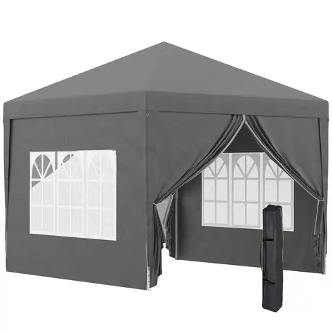 Outsunny 3 x 3 m Garden Pop Up Gazebo, Wedding Party Tent Marquee, Water Resistant Awning Canopy with Sidewalls, Windows, Carry Bag, Grey