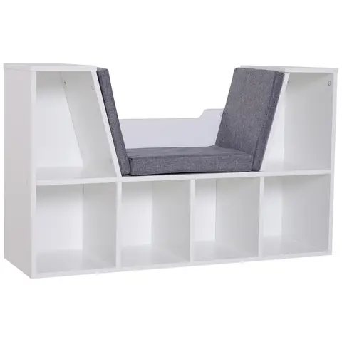 HOMCOM Bookcase Storage Shelf with Cushioned Reading Seat, Cube Bookshelf Organizer for Bedroom Living Room White