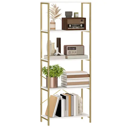 HOMCOM 5-Tier Bookshelf, Industrial Bookcase, Floor Standing Book Shelf with Metal Frame, Wide Storage Rack White and Gold To