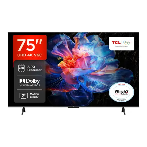 TCL 75V6C 75” Direct LED TV, 4K HDR TV, Smart TV Powered by Google TV (Dolby Vision & Atmos, Motion clarity, compatible with Google Assistant & Alexa)