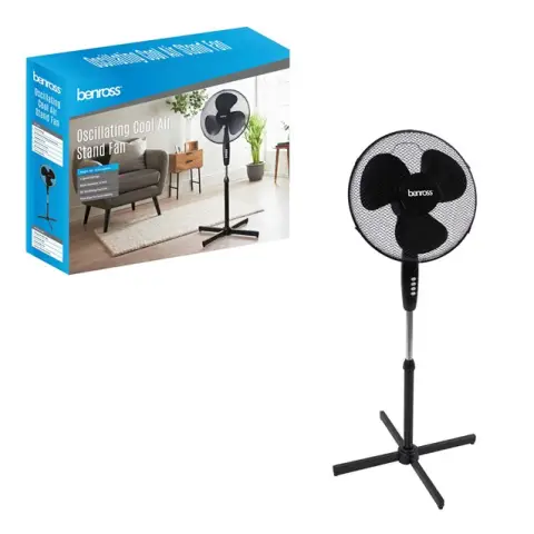 16" Oscillating Stand Fan - Black, Adjustable Height and Speed Control - 43830