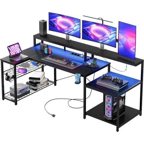Bestier Gaming-Tisch, 181 x 80 cm Schreibtisch mit LED-Lichtern, L-förmiger Schreibtisch mit 3 Stromanschlüssen und 2 USB-Ladeanschlüssen, Computer-Tisch mit großzügiger Monitorablage, Carbon-Schwarz