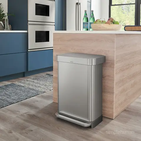 Simplehuman 45L Rectangular Pedal Bin with Liner Pocket, Brushed Stainless Steel with Grey Plastic Lid