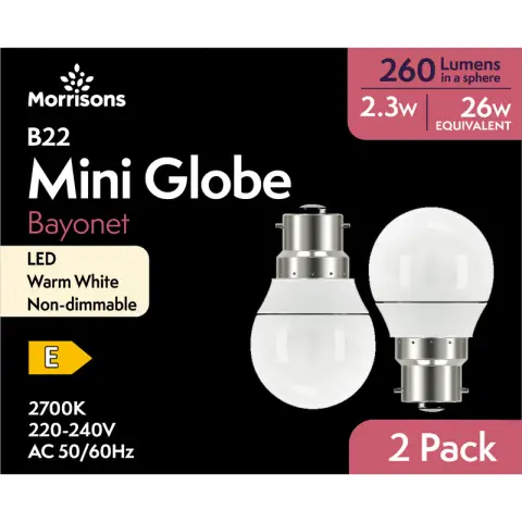 MORRISONS LED MINI GLOBE P45 26W 260 LUMENS 2.3W BC 2PK