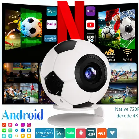 XBJ  Football-Shaped 4K-Supported Mini Projector | 1080P 800 ANSI Lumens, Android 14 Built-in Apps & Voice Control Remote, WiFi 6 Bluetooth 5.4, Auto Keystone Correction