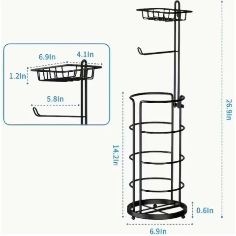 Black Sleek Metal Toilet Paper Holder - Space-Saving Bathroom Organizer with Scroll Rack and Phone Shelf | Painted Finish, Freestanding Design for Tissue, Towels Storage