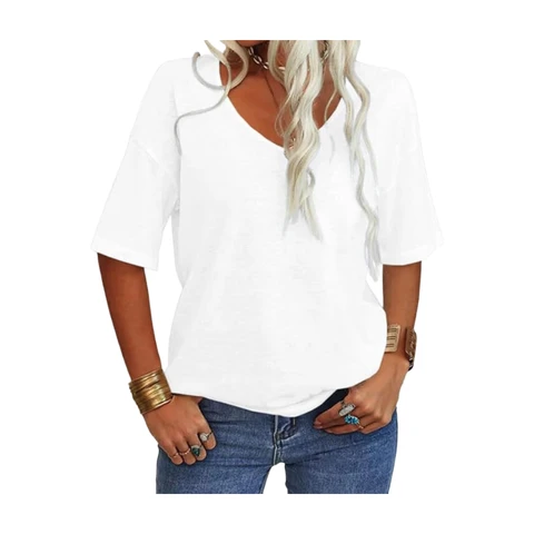 Women Fashion V-Neck Half Sleeves Oversized T Shirt Solid Casual Loose Basic Tops 